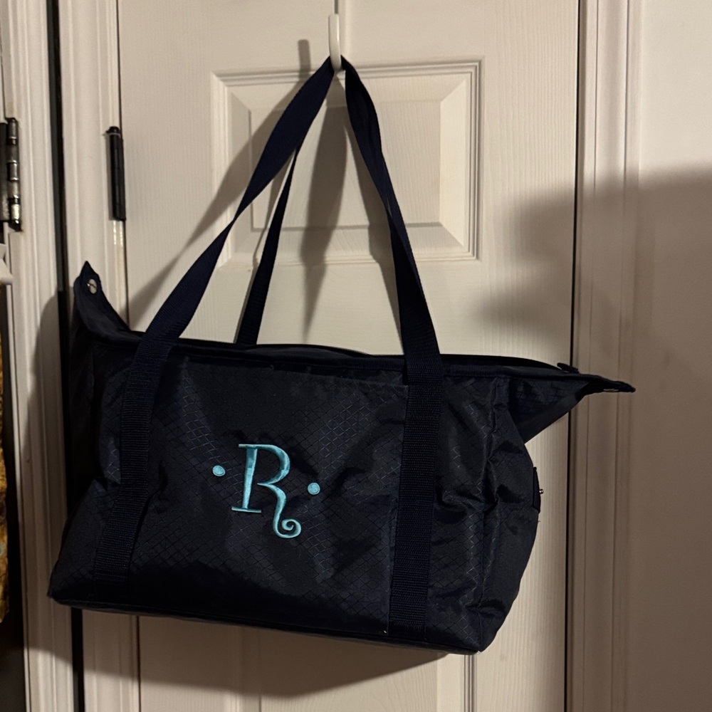 Navy Cooler Tote with R monogram